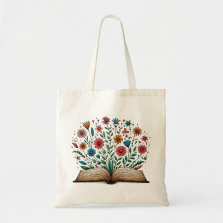 Open Book Drawing with colourful flower blooming Tote Bag