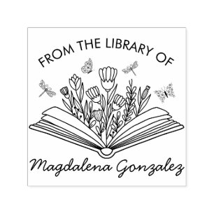 Open Book Flowers Dragonflies From the Library Of Self-inking Stamp