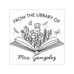 Open Book Flowers Dragonflies Teacher Library Self-inking Stamp