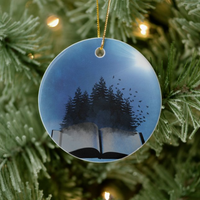 Open Book Forest Digital Art Scene Personalised Ceramic Ornament (Tree)