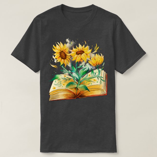 Open Book Sunflowers Bookworm Reader Reading Write T-Shirt (Design Front)