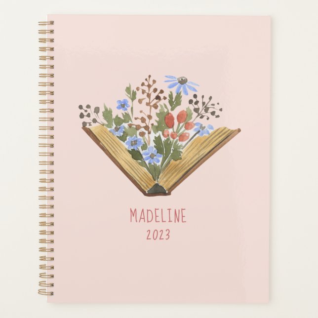Open Book with Flowers Monogram Name Planner (Front)