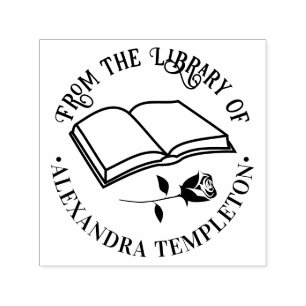 Open Book with Rose “From the Library of” Name Self-inking Stamp