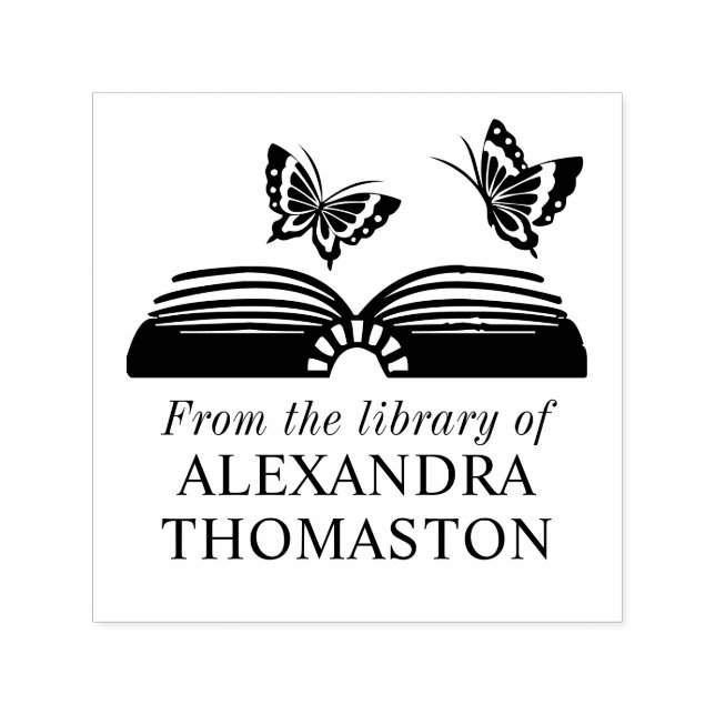  Open Book with Two Butterflies Library Book Name Self-inking Stamp (Design)