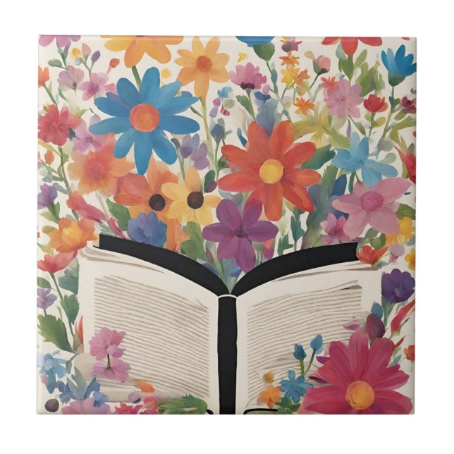 Open Book with Watercolor Flowers  Ceramic Tile (Front)