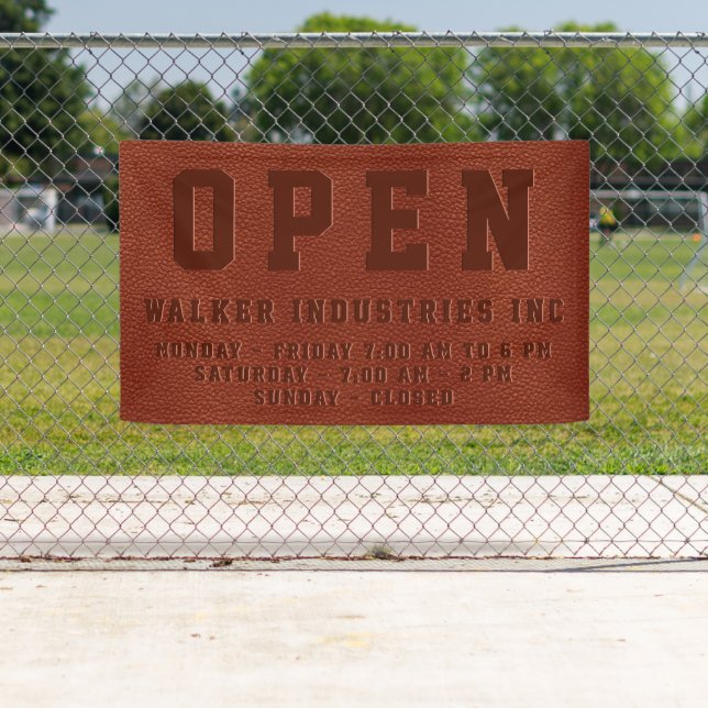 Open Business Hours Embossed Brown Vegan Leather  Banner (Insitu)