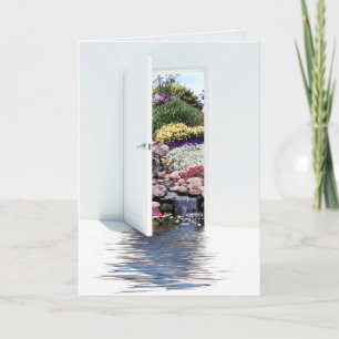 open door and garden birthday card