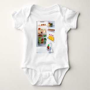 Open fridge filled with food baby bodysuit