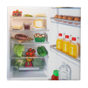 Open fridge filled with food ceramic tile