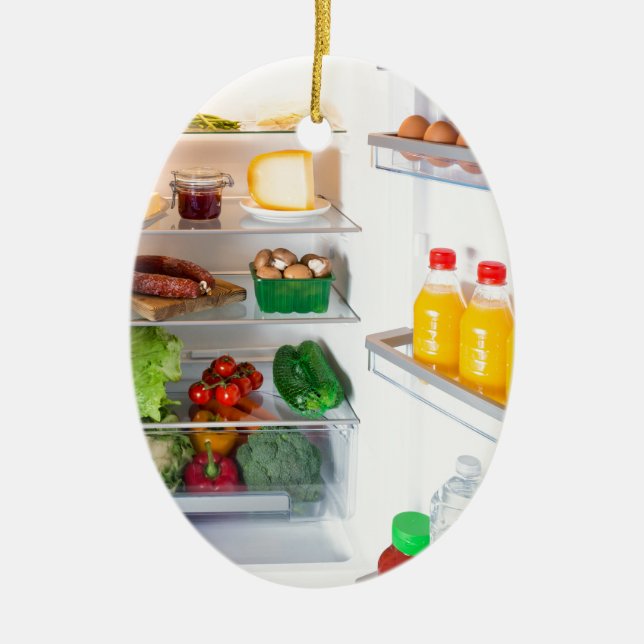 Open fridge filled with food ceramic tree decoration (Front)