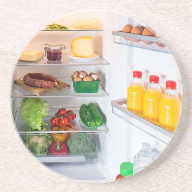Open fridge filled with food coaster (Front)