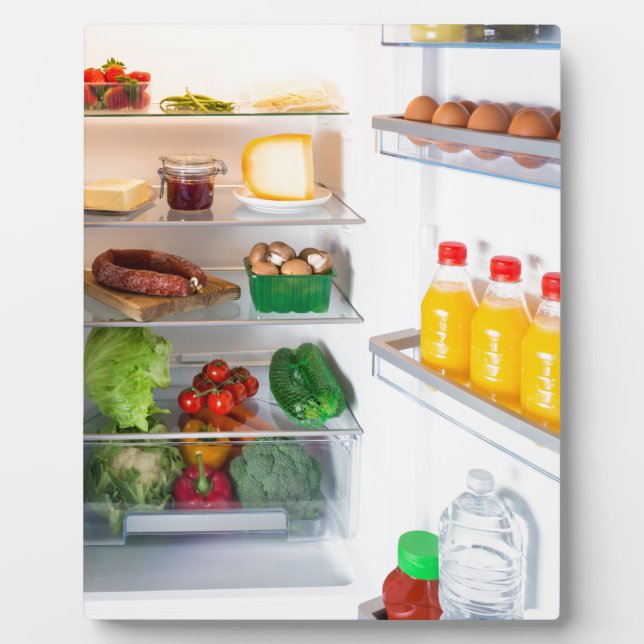 Open fridge filled with food plaque (Front)