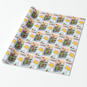 Open fridge filled with food wrapping paper