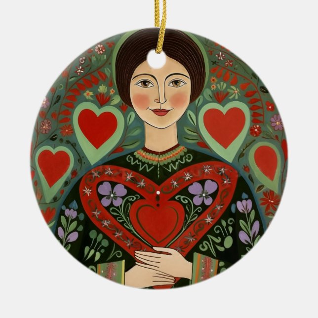 Open Hearted Follk Ceramic Ornament (Front)
