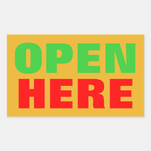 OPEN HERE RECTANGULAR STICKER