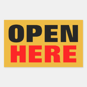 OPEN HERE RECTANGULAR STICKER