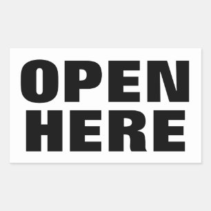 OPEN HERE RECTANGULAR STICKER