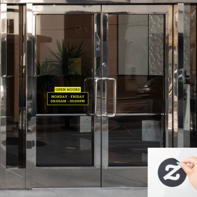 Open hours sign on the glass door (Office Door)