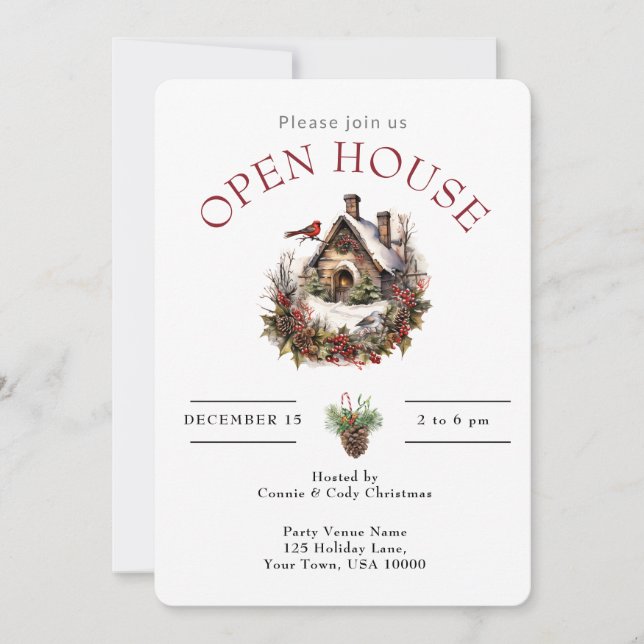 OPEN HOUSE CHRISTMAS BIRD HOUSE INVITATION (Front)