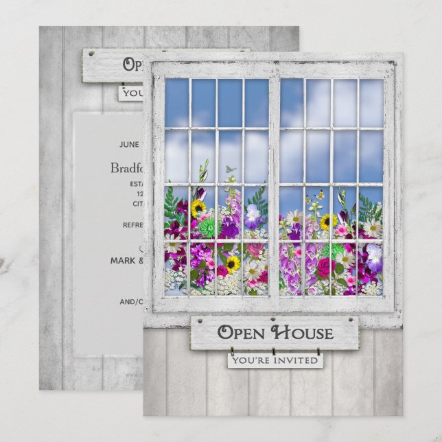 OPEN HOUSE,  INVITATION, Rustic Window/Flower-box Invitation (Front/Back)
