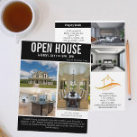 Open House Modern Black Real Estate Listing Flyer<br><div class="desc">Advertise your open house on this chic two sided real estate flyer with a black accent and white typography with your listing details. Send out these classy flyers to potential homebuying clients in your realty area. Customise with your real estate company name and contact details on the back. Draw new...</div>