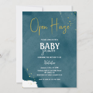 open house navy blue sprinkle gold baby shower invitation