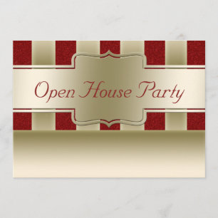 Open House Party   Red Glitter Gold Stripes Invitation