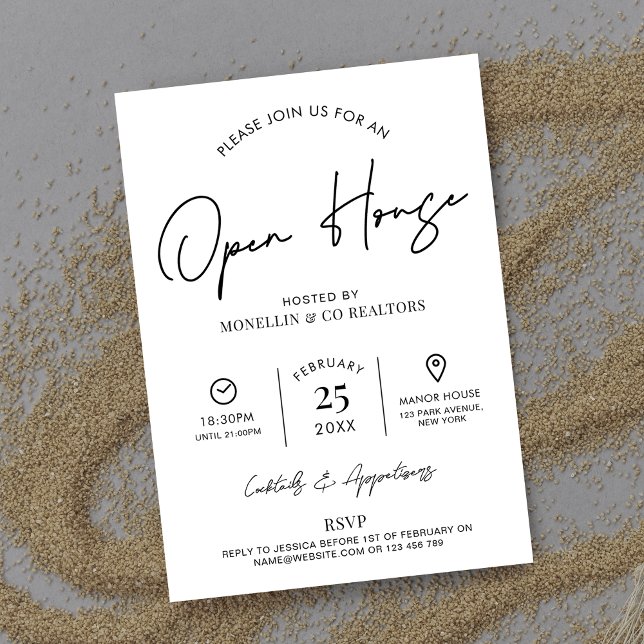 Open House Real Estate Minimalist Black & White Invitation (Elegant and chic Open House invitation to help you promote your next realty event)