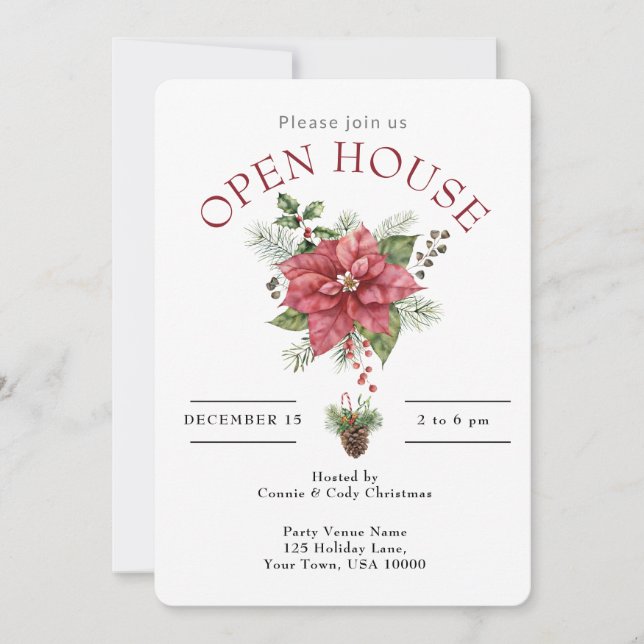 OPEN HOUSE RED CHRISTMAS POINSETTIA INVITATION (Front)