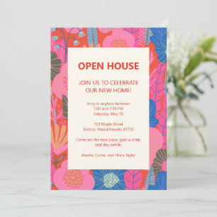 Open House Tropical Floral Pink Red Housewarming Invitation