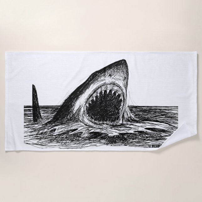OPEN JAWS Great White Shark Art Beach Towel (Front)