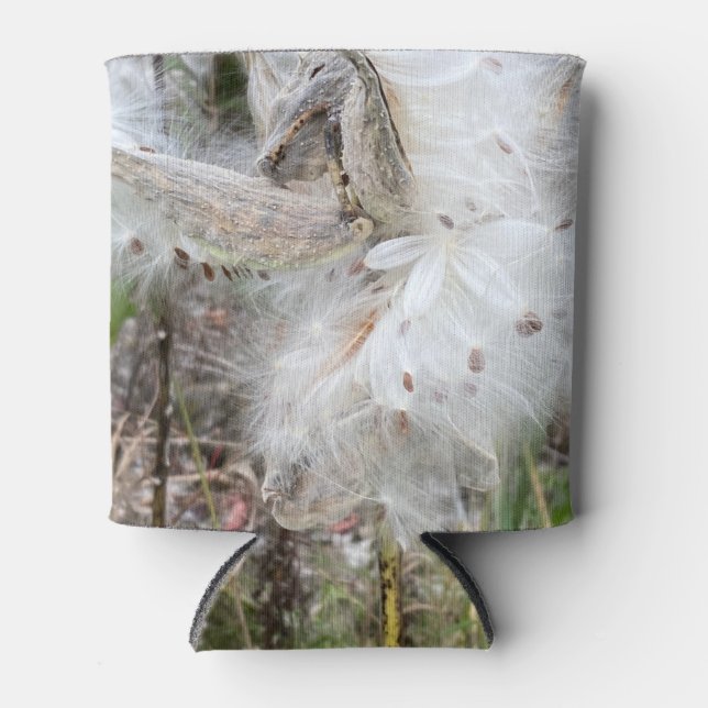 Open Milkweed Pods | Seeds with Silk | Can Cooler (Front)