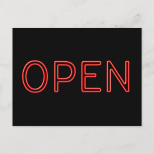 OPEN Red Neon Letters on Black Background Postcard