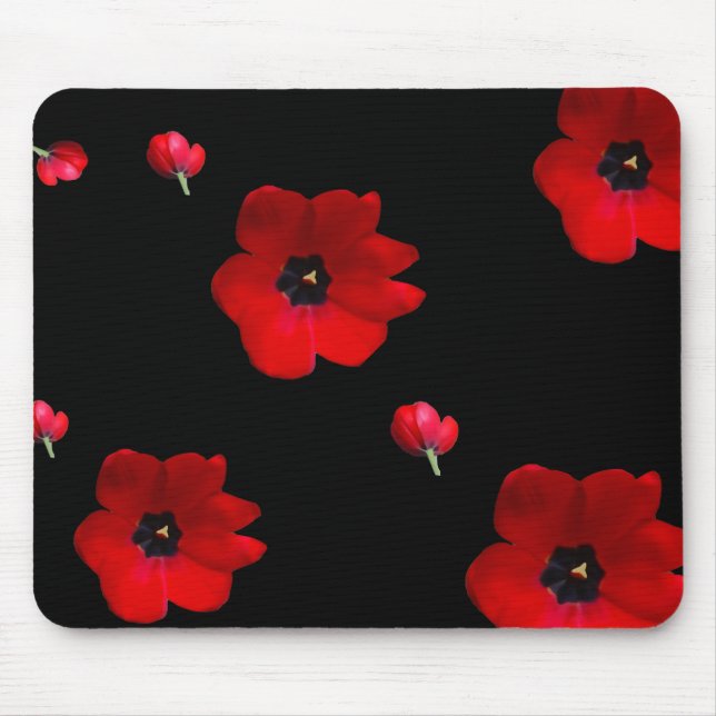 Open Red Tulips on Black Mouse Pad (Front)