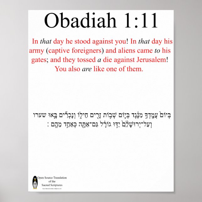 Open Source Translation Obadiah 1:11 Poster (Front)
