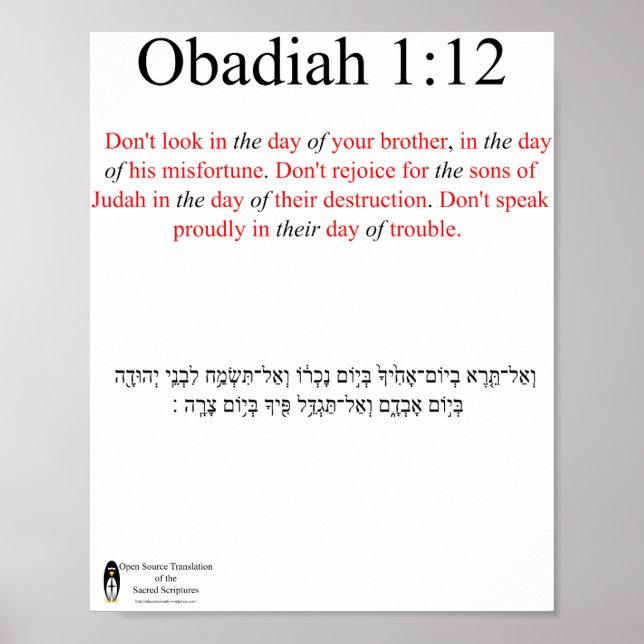 Open Source Translation Obadiah 1:12 Poster (Front)