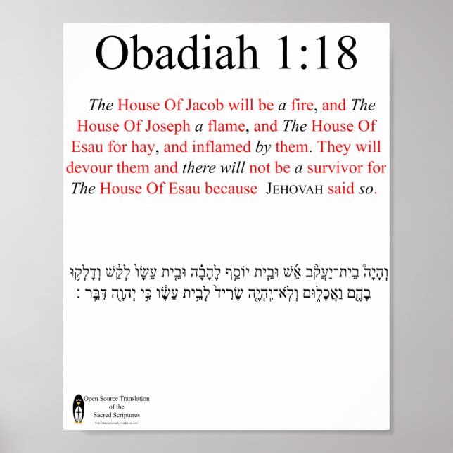 Open Source Translation Obadiah 1:18 Poster (Front)