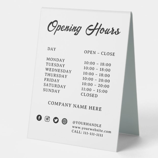 Open Store Hours Acrylic Table Sign (Front)