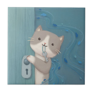 Open Up: Cat with Key Ceramic Tile