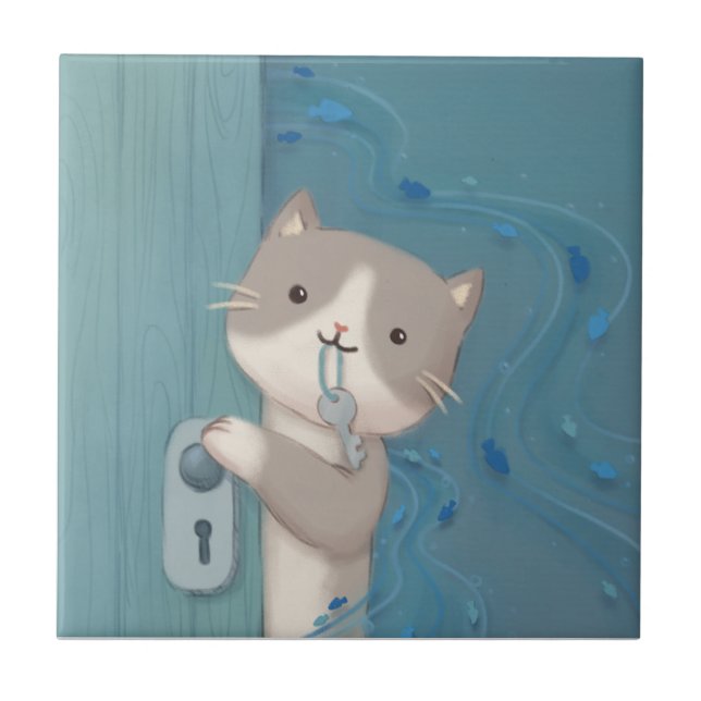 Open Up: Cat with Key Ceramic Tile (Front)