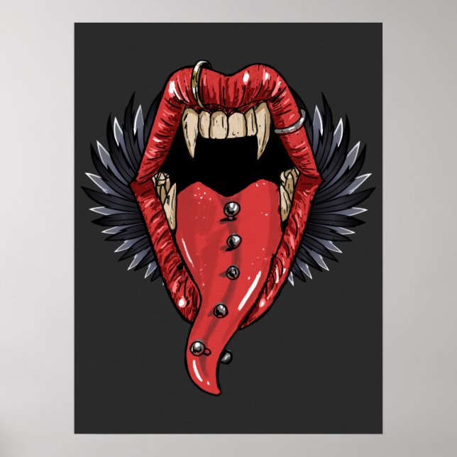 Open Vampire Mouth With Red Lips And Long Fangs  Poster (Front)