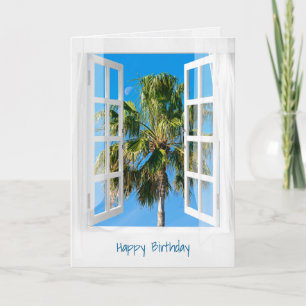 open window and palm tree card