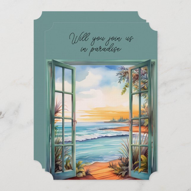 Open Window Beach Scene Paradise Tropical  Invitation (Front/Back)