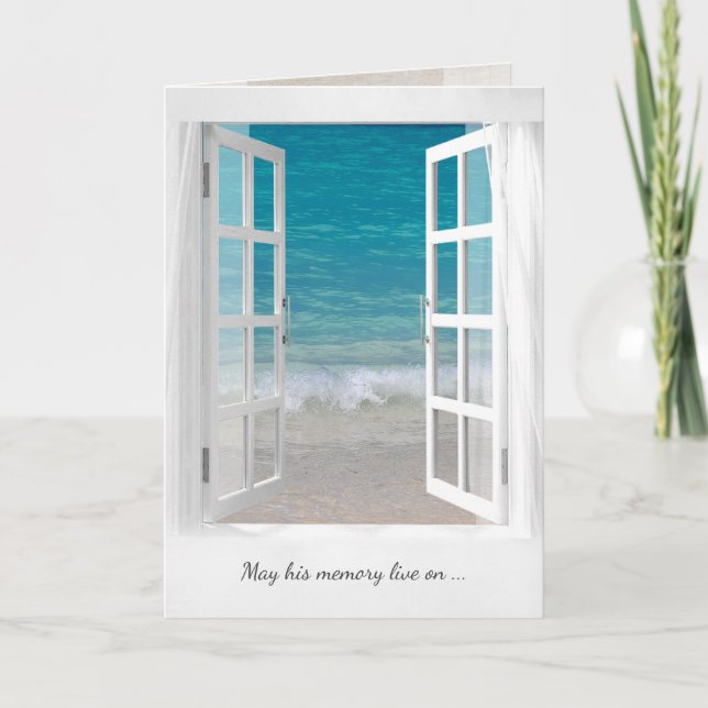 open window ocean beach scene sympathy card (Front)