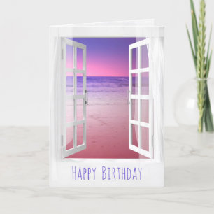 open window purple ocean sunrise card