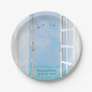 Open window with ocean view and seagulls paper plate
