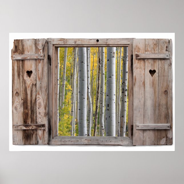 Open Wooden Window Birch Forest View Poster (Front)