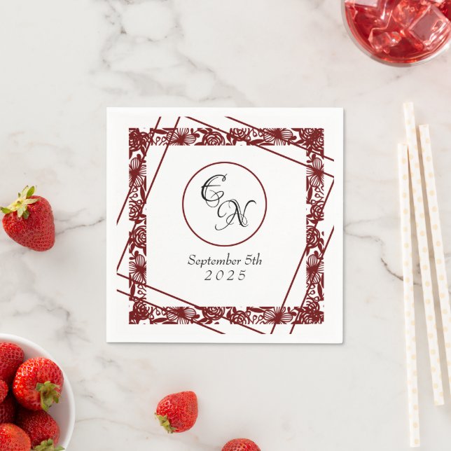 Open-Work Monogram White-Burgundy Wedding  Napkin (Insitu)