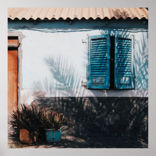 OPENED BLUE LOUVERED WINDOWS POSTER