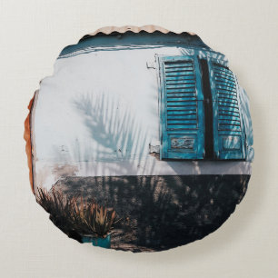 OPENED BLUE LOUVERED WINDOWS ROUND CUSHION